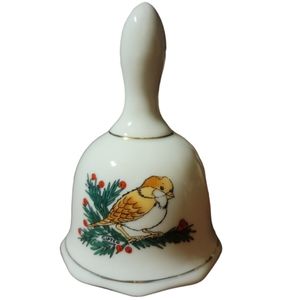 Vtg GiftCo Inc Porcelain Bell Bird Holly Christmas Gold Trim Taiwan ROC